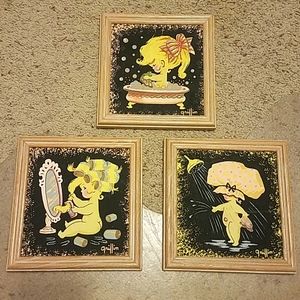 Set of 3 Vintage Little Girl Bathroom Paintings